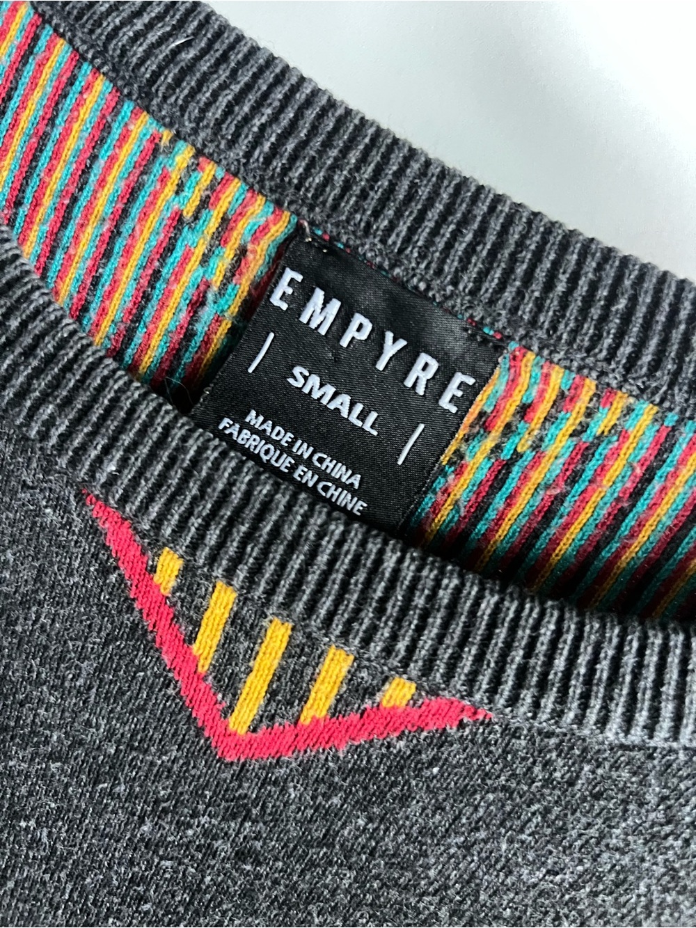 Empyre Black Crewneck Sweater with Teal, Mustard and Red Geometric Pattern - Picture 3 of 4